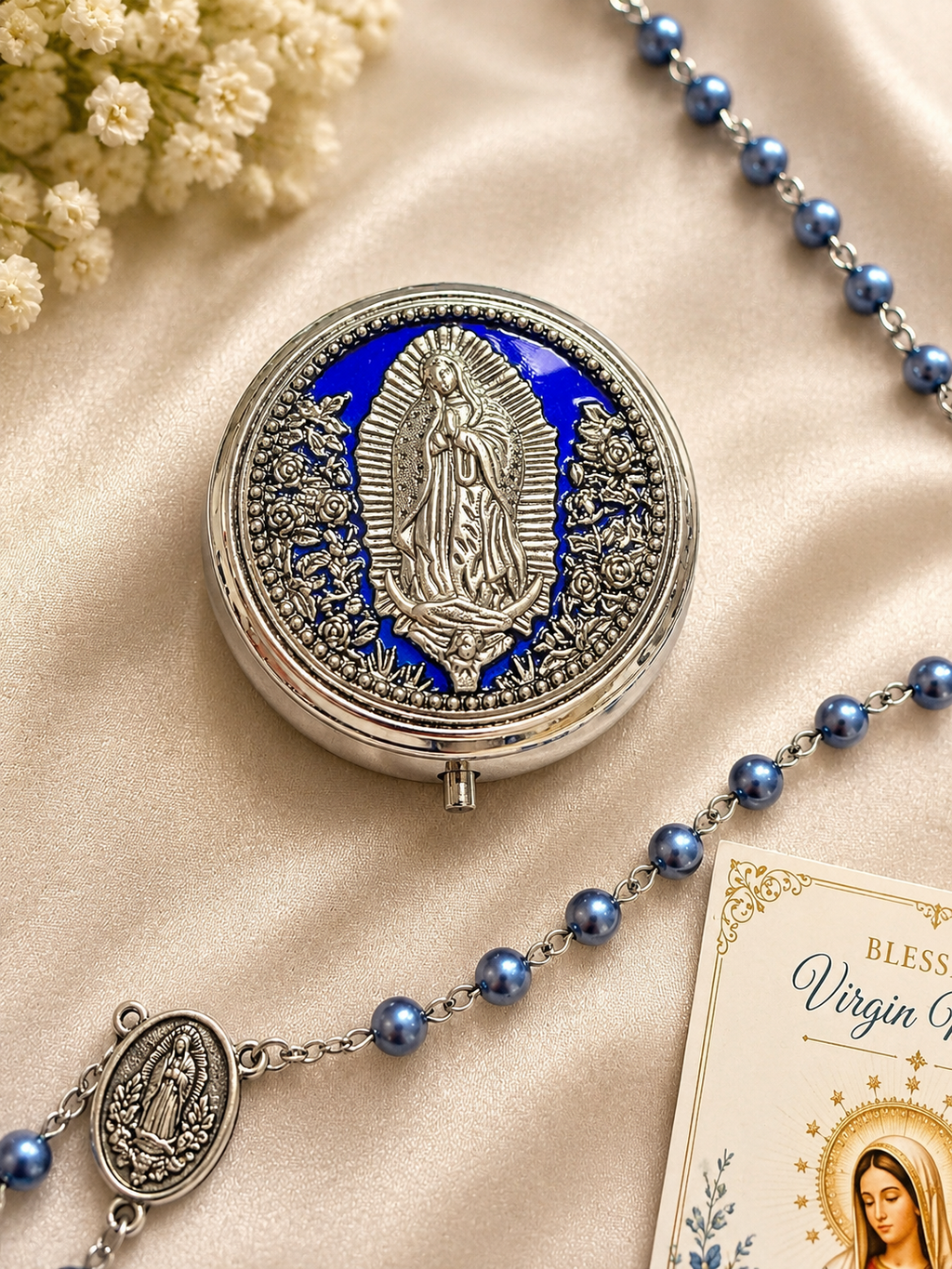 Virgin Mary Rosary, Blue Beaded Catholic Rosary with Gift Box