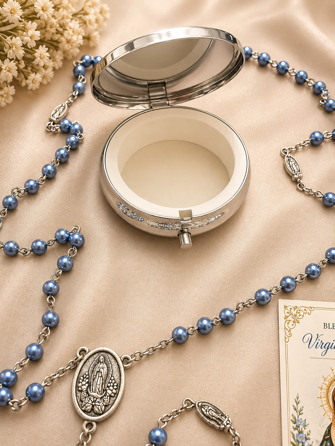 Virgin Mary Rosary, Blue Beaded Catholic Rosary with Gift Box