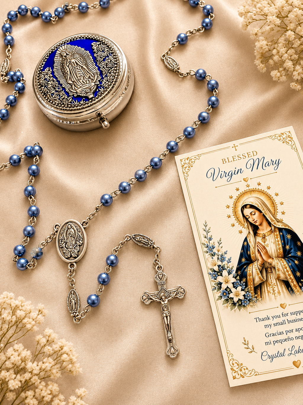 Virgin Mary Rosary, Blue Beaded Catholic Rosary with Gift Box