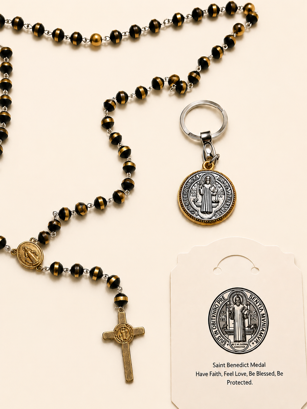 Saint Benedict Rosary Gift Set | Stainless Steel, Rubber Beads, Keychain, Prayer Card