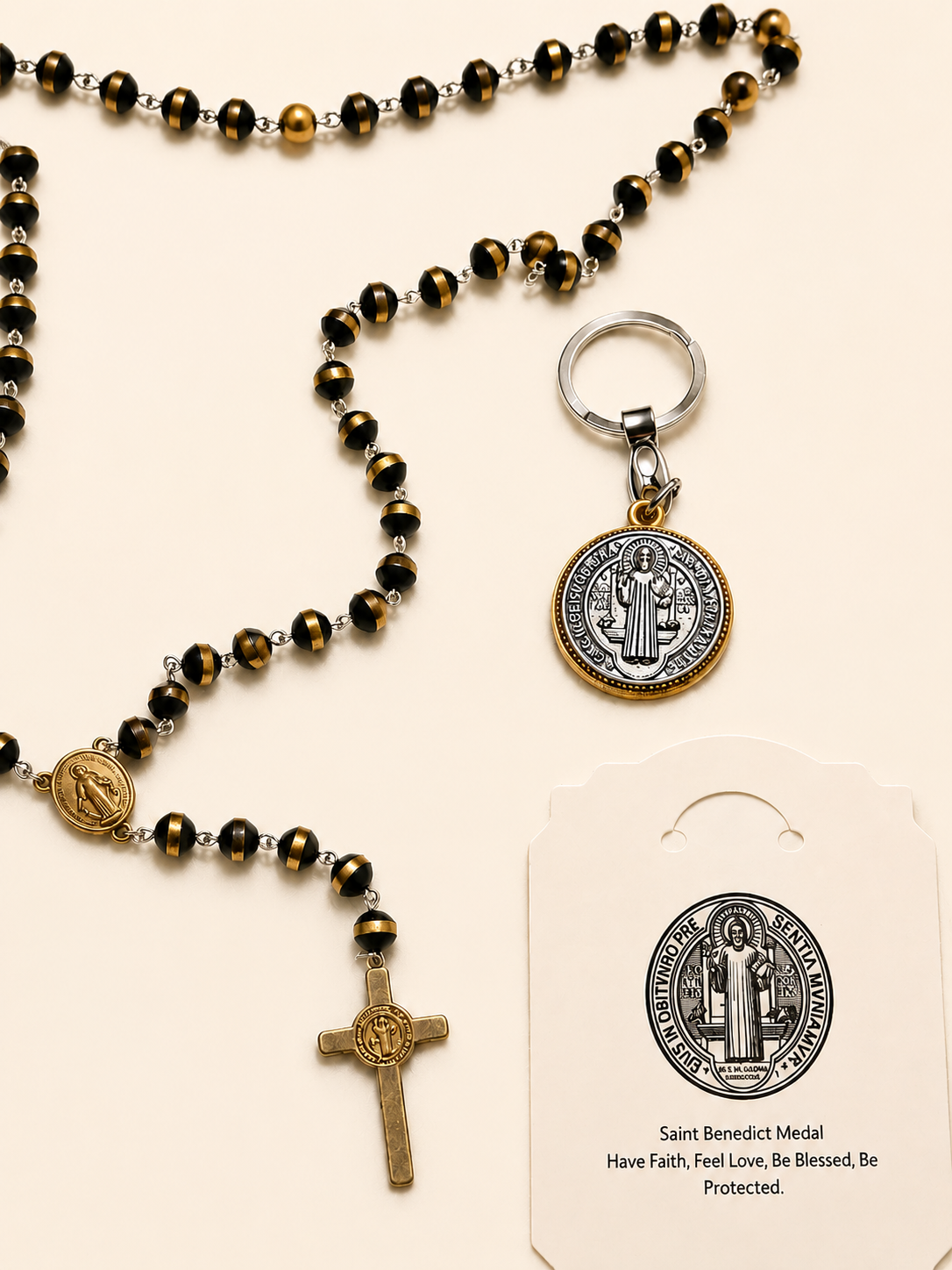 Saint Benedict Rosary Gift Set | Stainless Steel, Rubber Beads, Keychain, Prayer Card