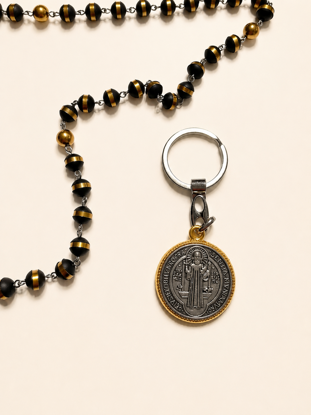 Saint Benedict Rosary Gift Set | Stainless Steel, Rubber Beads, Keychain, Prayer Card