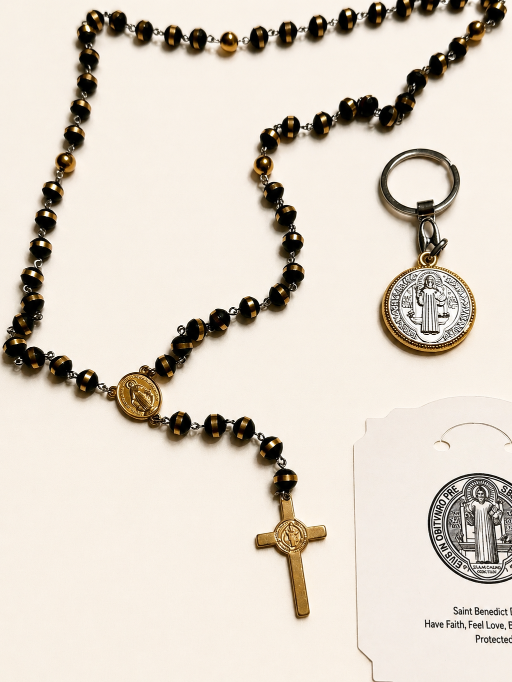 Saint Benedict Rosary Gift Set | Stainless Steel, Rubber Beads, Keychain, Prayer Card