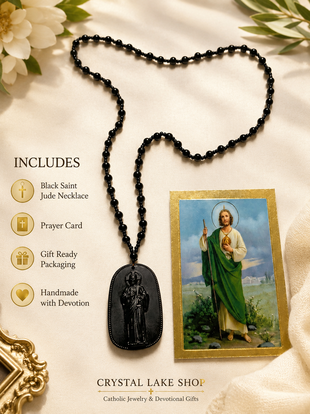 Handmade Black Obsidian San Judas Necklace | Catholic Saint Jude Pendant, Prayer Beads