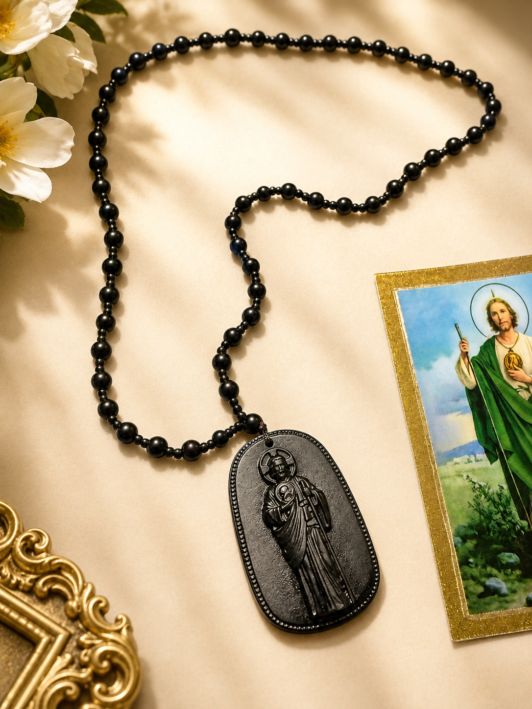Handmade Black Obsidian San Judas Necklace | Catholic Saint Jude Pendant, Prayer Beads