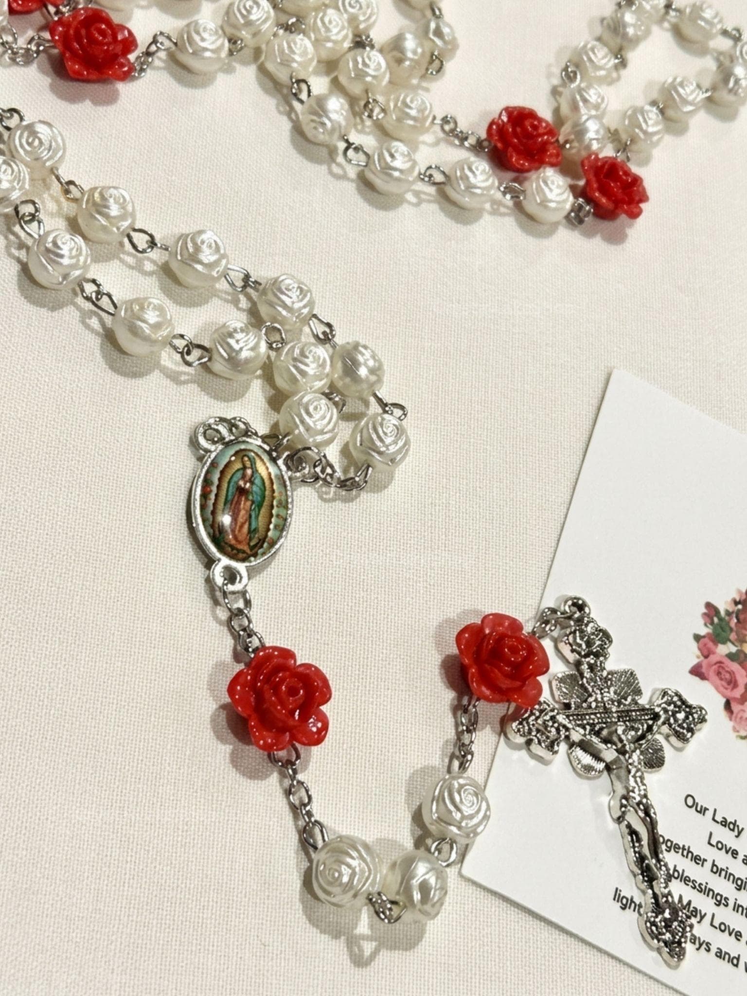 Our Lady of Guadalupe Rosary | Pearl Cream Beads, Red Rose Accents, Silver Crucifix