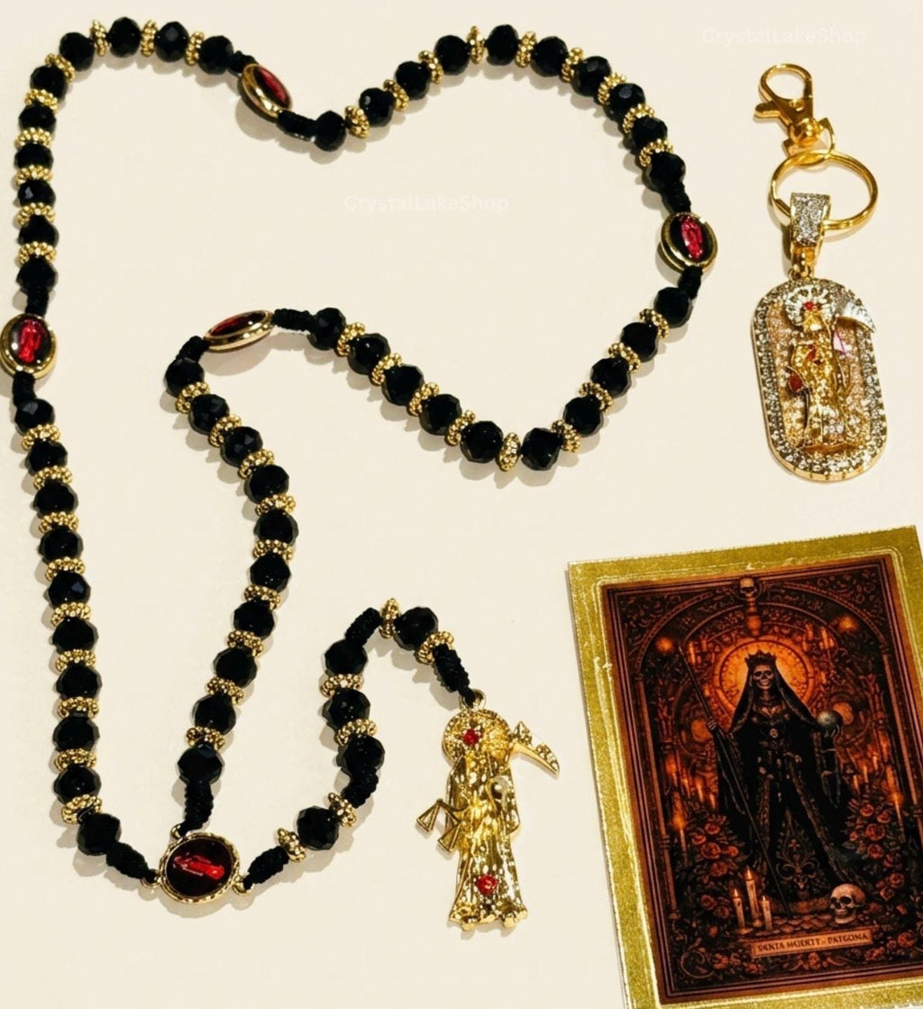 Santa Muerte Rosary, Keychain, Prayer Card Set | Black Gold Devotional Beads