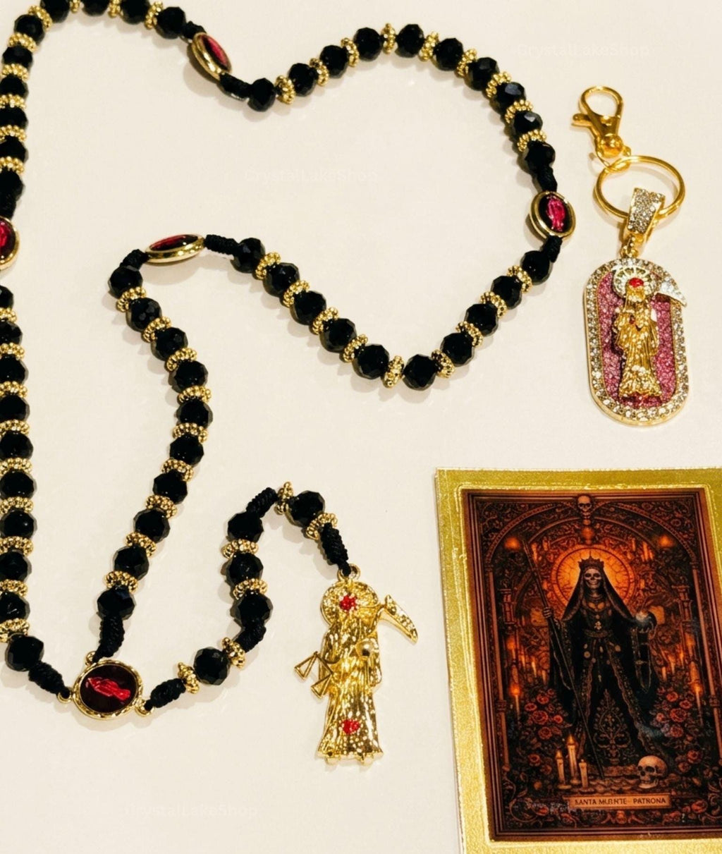 Santa Muerte Rosary, Keychain, Prayer Card Set | Black Gold Devotional Beads