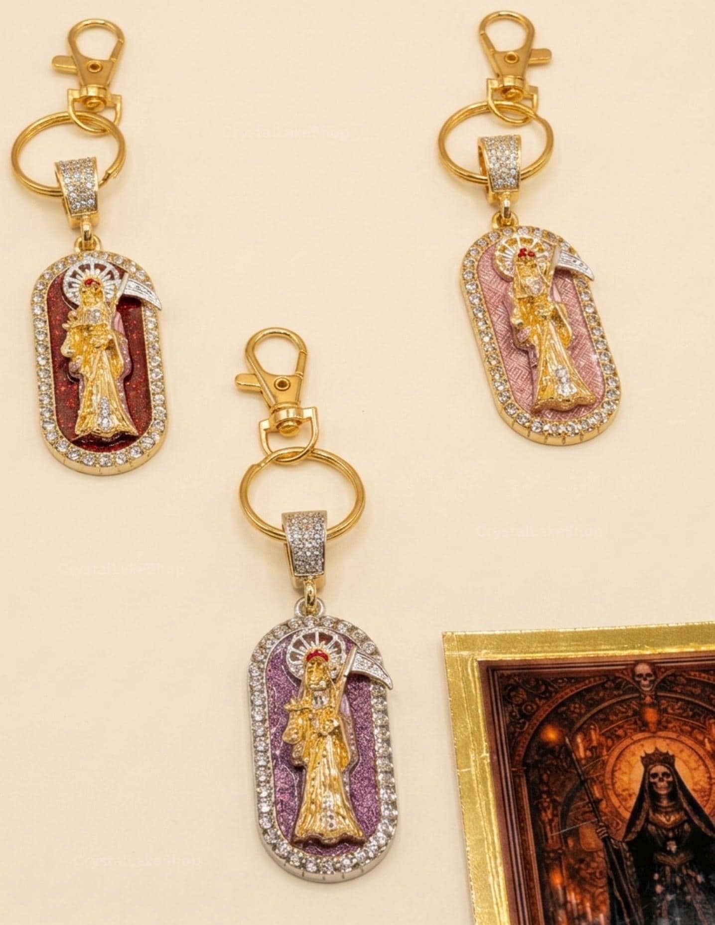 Santa Muerte Rosary, Keychain, Prayer Card Set | Red Gold Devotional Beads