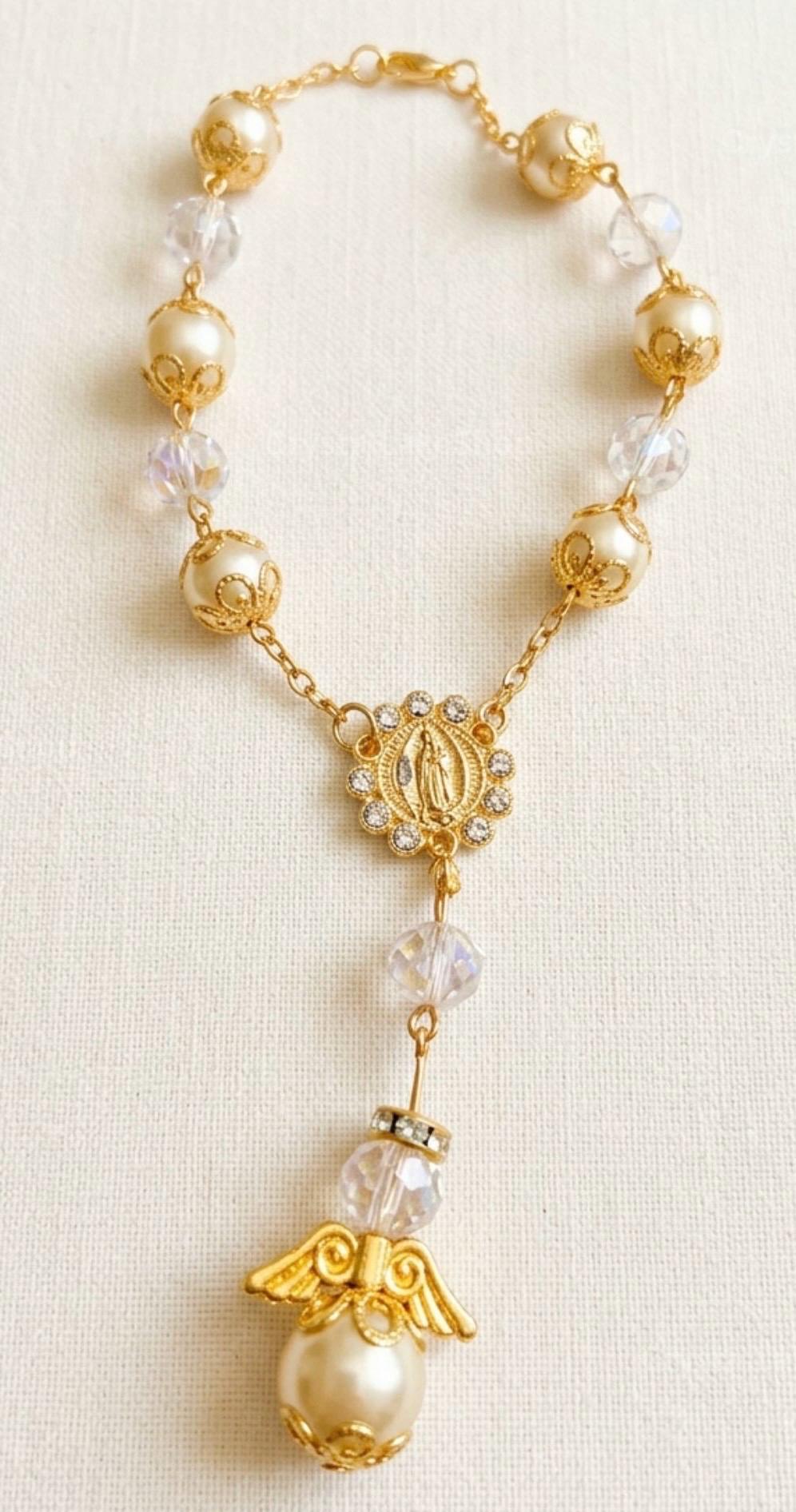 Handmade Catholic Rearview Mirror Charm Gift Set | Set of 2 Pearl Decenarios | Car Rosary | Prayer Card & Devotional Gift