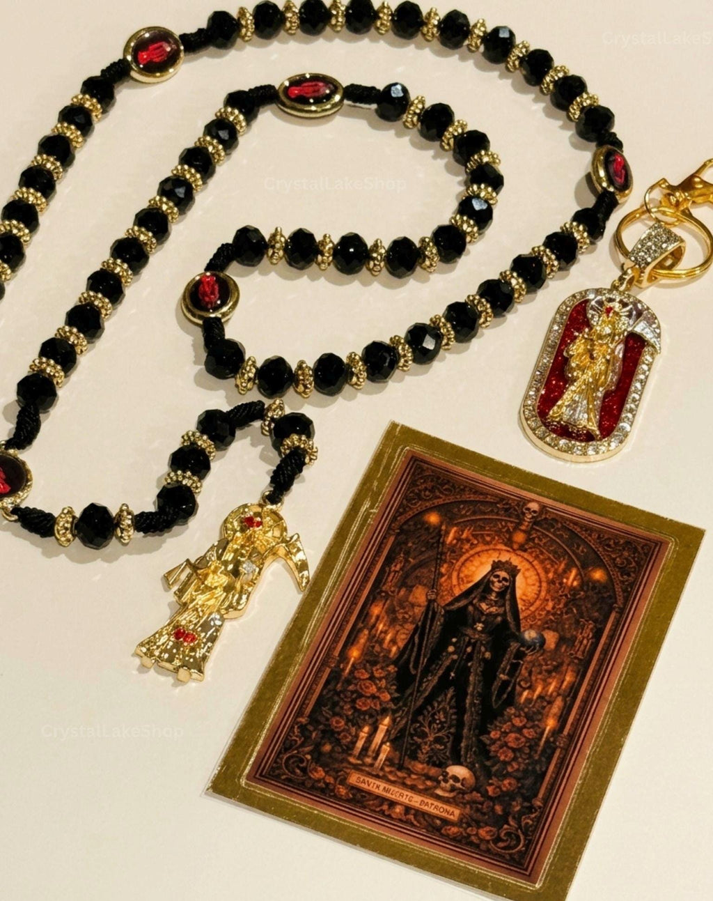 Santa Muerte Rosary, Keychain, Prayer Card Set | Black Gold Devotional Beads