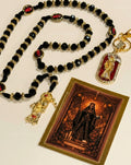 Santa Muerte Rosary, Keychain, Prayer Card Set | Black Gold Devotional Beads