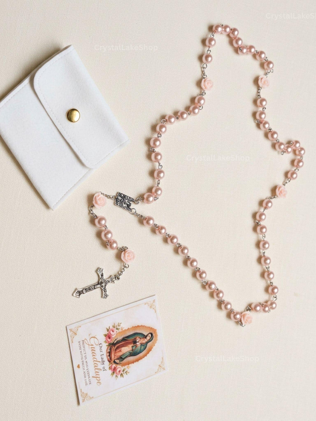 Handmade Rose Gold Virgen de Guadalupe Rosary | Pink Pearl Prayer Beads | Catholic Gift | Prayer Card & Devotional Gift