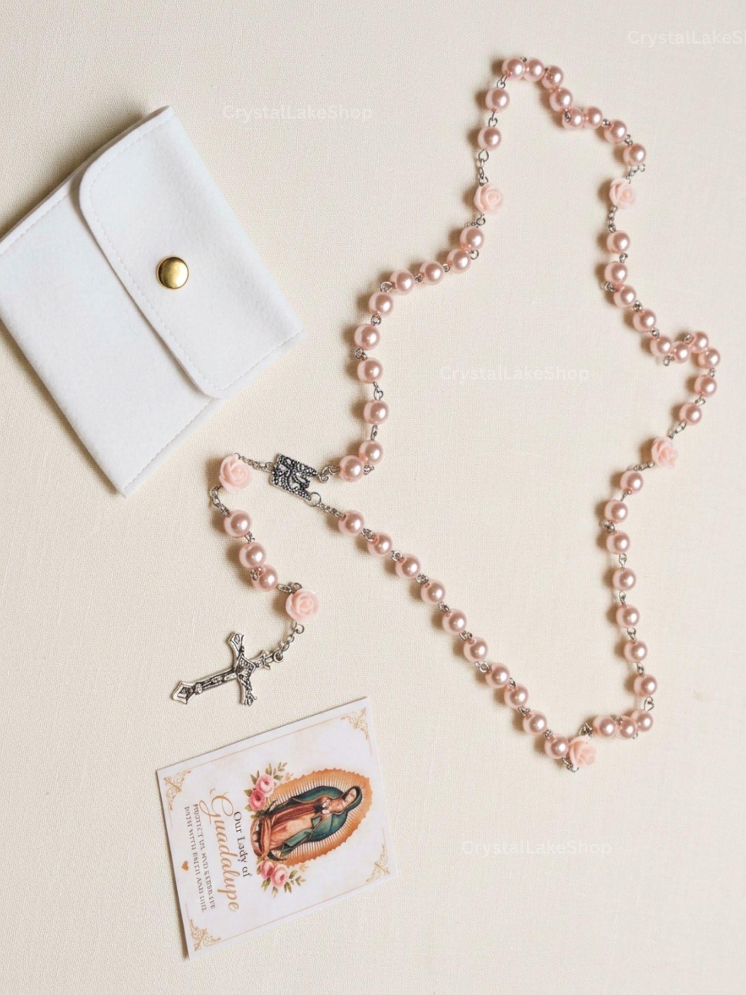 Handmade Rose Gold Virgen de Guadalupe Rosary | Pink Pearl Prayer Beads | Catholic Gift | Prayer Card & Devotional Gift