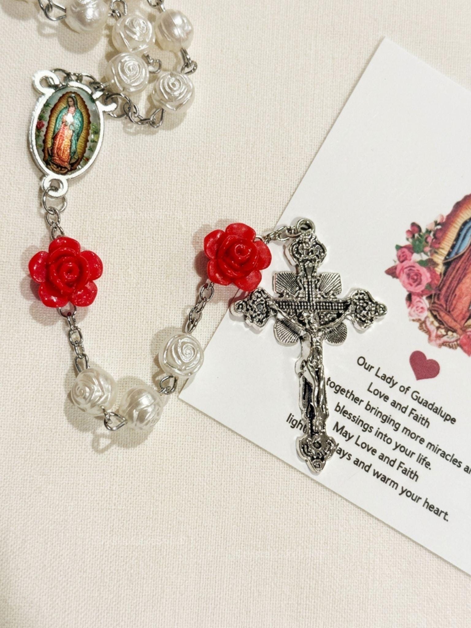 Our Lady of Guadalupe Rosary | Pearl Cream Beads, Red Rose Accents, Silver Crucifix