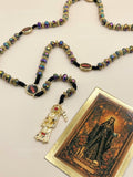 Santa Muerte Crystal Rosary | Iridescent Prayer Beads, Gold Accents, Devotional Pendant