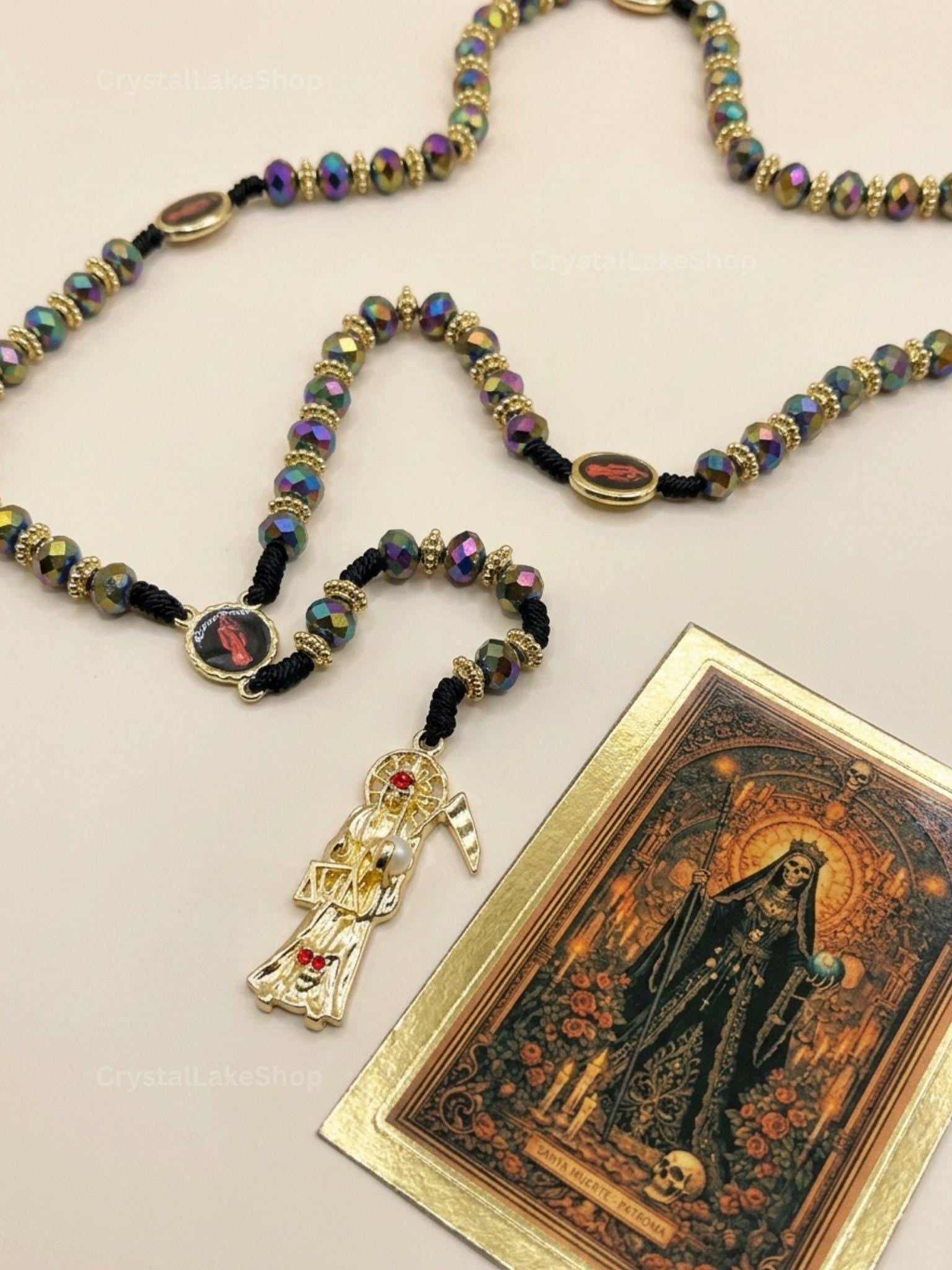 Santa Muerte Crystal Rosary | Iridescent Prayer Beads, Gold Accents, Devotional Pendant
