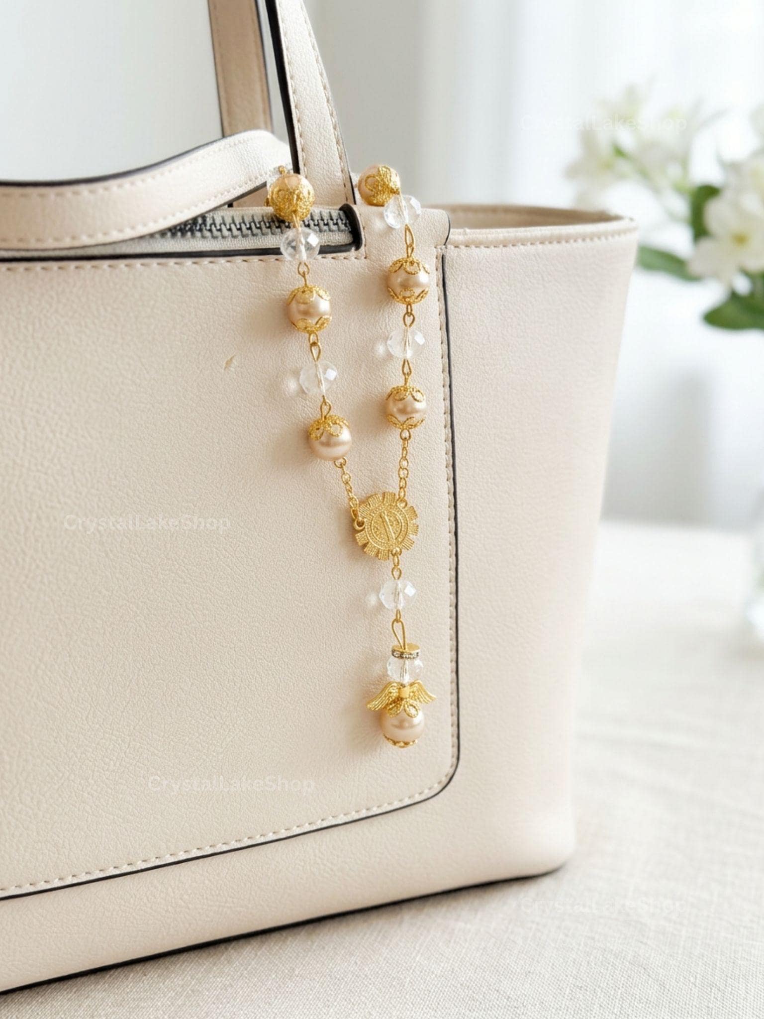 Handmade Catholic Rearview Mirror Charm Gift Set | Set of 2 Pearl Decenarios | Car Rosary | Prayer Card & Devotional Gift