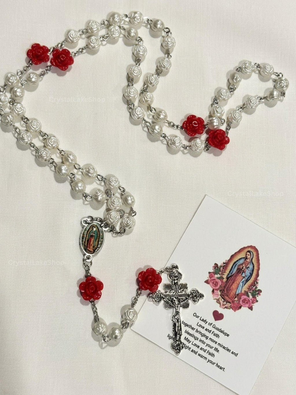 Our Lady of Guadalupe Rosary | Pearl Cream Beads, Red Rose Accents, Silver Crucifix