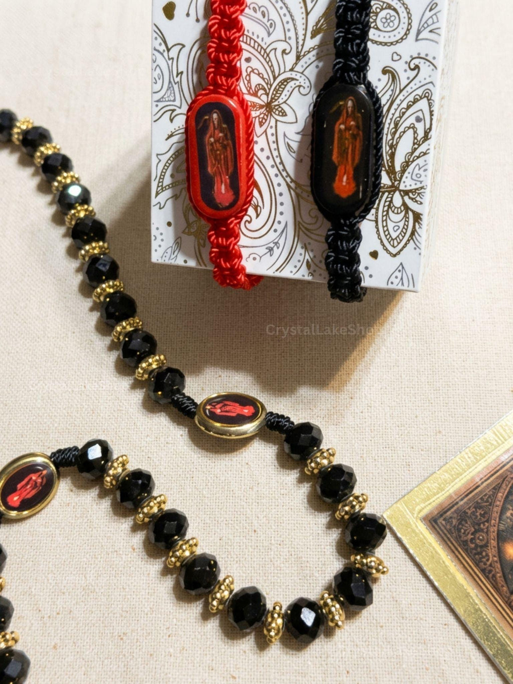 Santa Muerte Black Gold Rosary and Bracelets Set | Spiritual Protection Devotional Jewelry