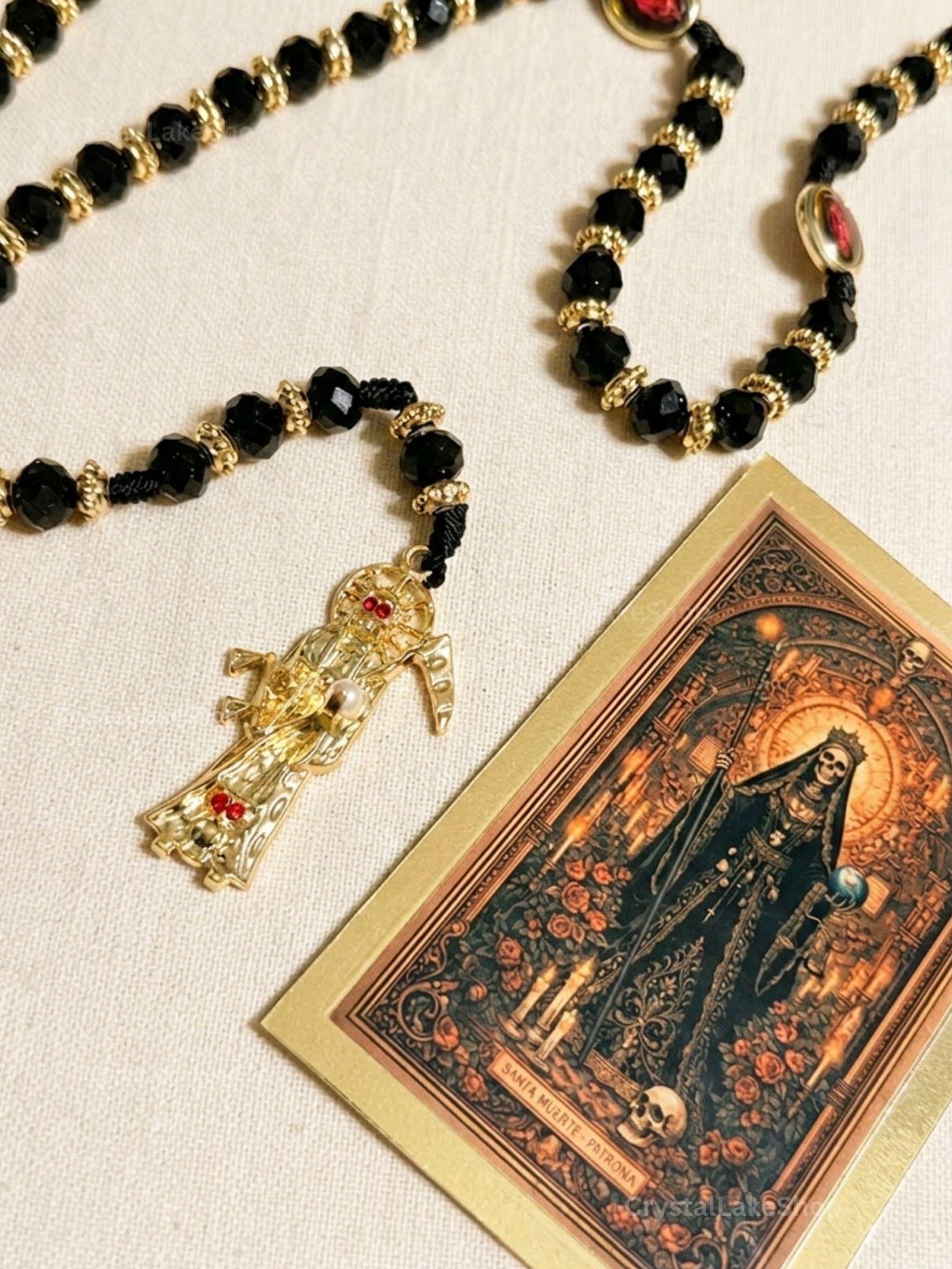 Santa Muerte Black Gold Rosary and Bracelets Set | Spiritual Protection Devotional Jewelry