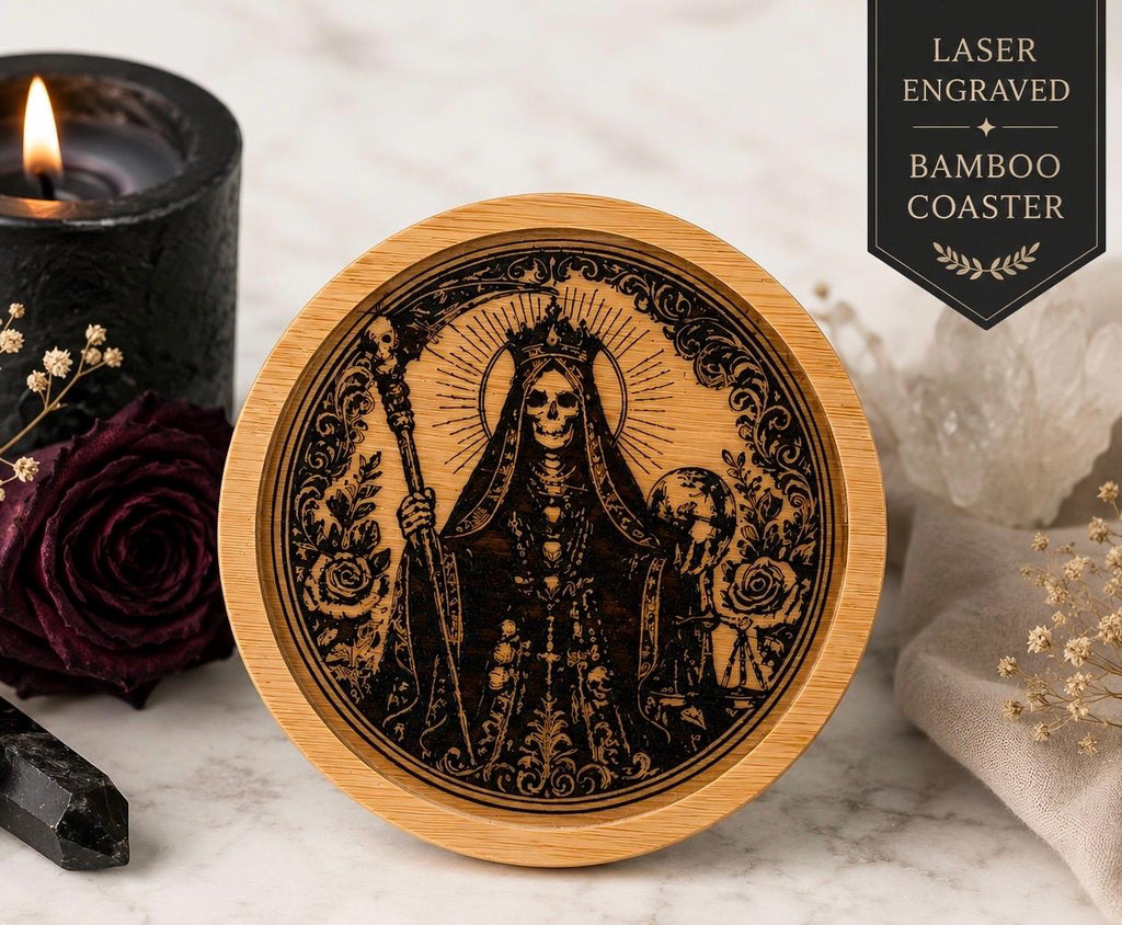 Santa Muerte Bamboo Coaster with Prayer Card | Laser Engraved Gothic Home Decor