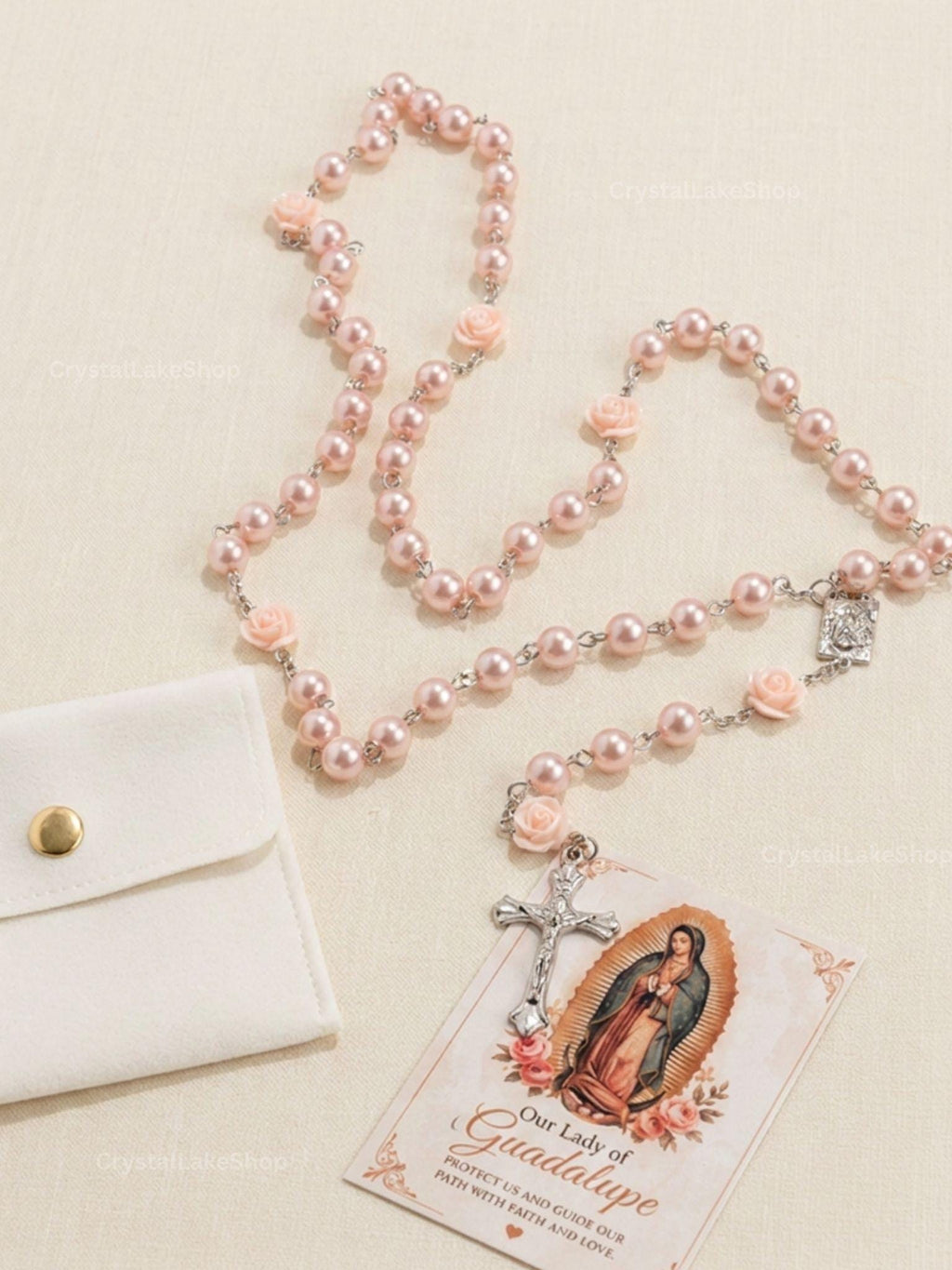 Handmade Rose Gold Virgen de Guadalupe Rosary | Pink Pearl Prayer Beads | Catholic Gift | Prayer Card & Devotional Gift