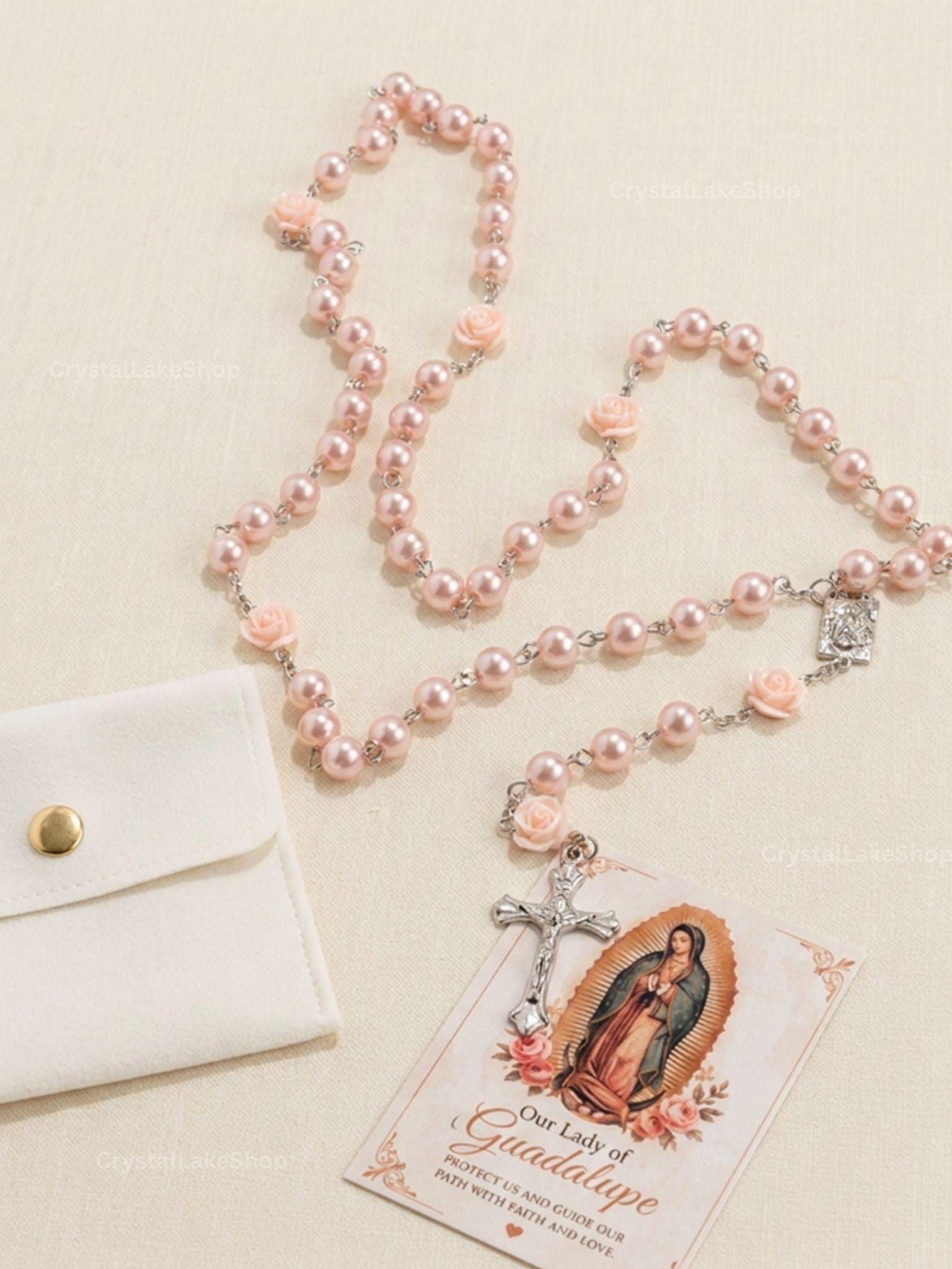 Handmade Rose Gold Virgen de Guadalupe Rosary | Pink Pearl Prayer Beads | Catholic Gift | Prayer Card & Devotional Gift