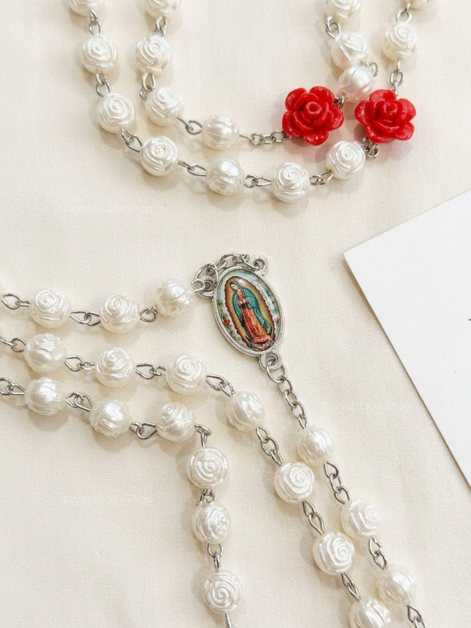 Our Lady of Guadalupe Rosary | Pearl Cream Beads, Red Rose Accents, Silver Crucifix