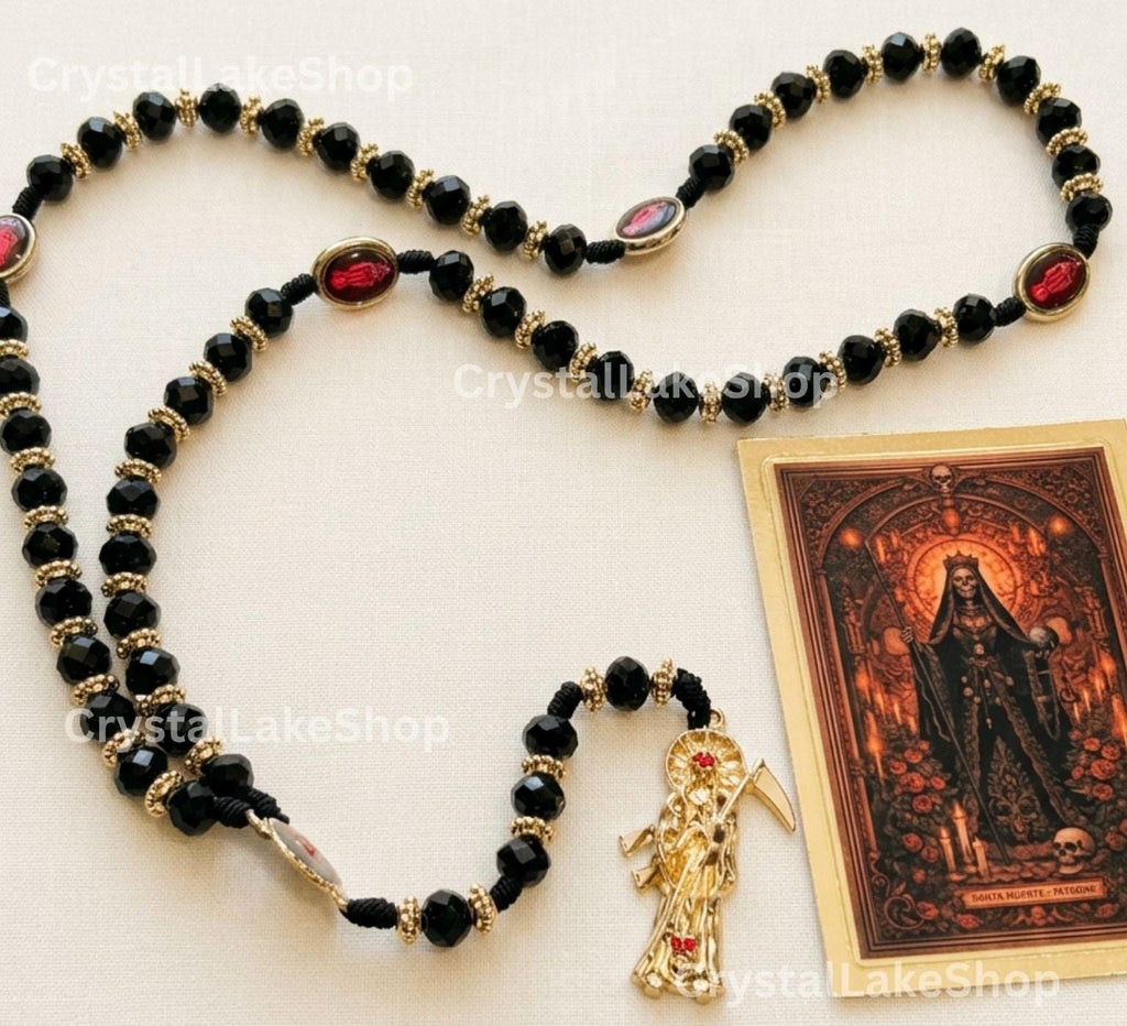 Santa Muerte Rosary | Black & Gold Prayer Beads | Handmade Gothic Catholic Gift | Spiritual Protection Jewelry