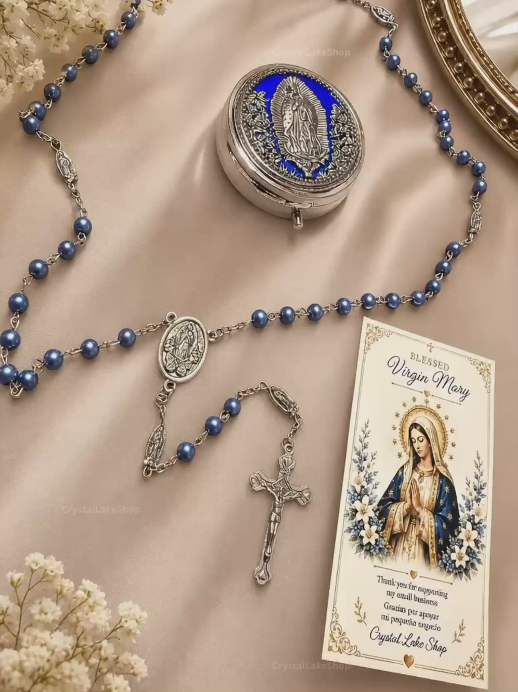 Virgin Mary Rosary, Blue Beaded Catholic Rosary with Gift Box