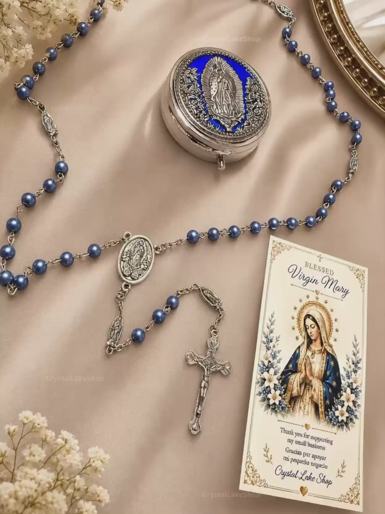 Virgin Mary Rosary, Blue Beaded Catholic Rosary with Gift Box