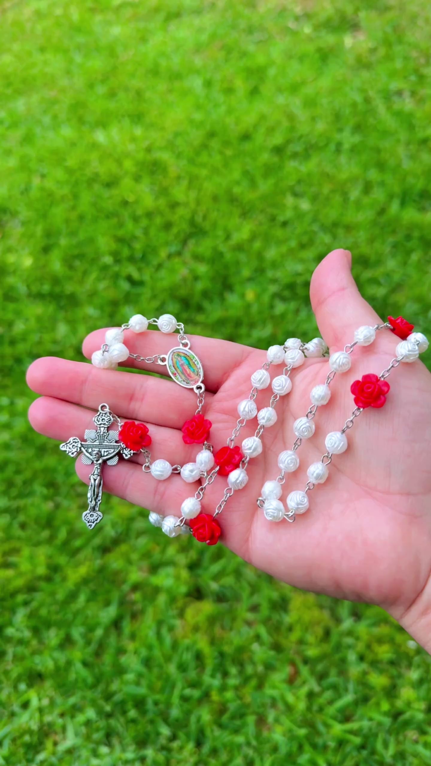 Our Lady of Guadalupe Rosary | Pearl Cream Beads, Red Rose Accents, Silver Crucifix
