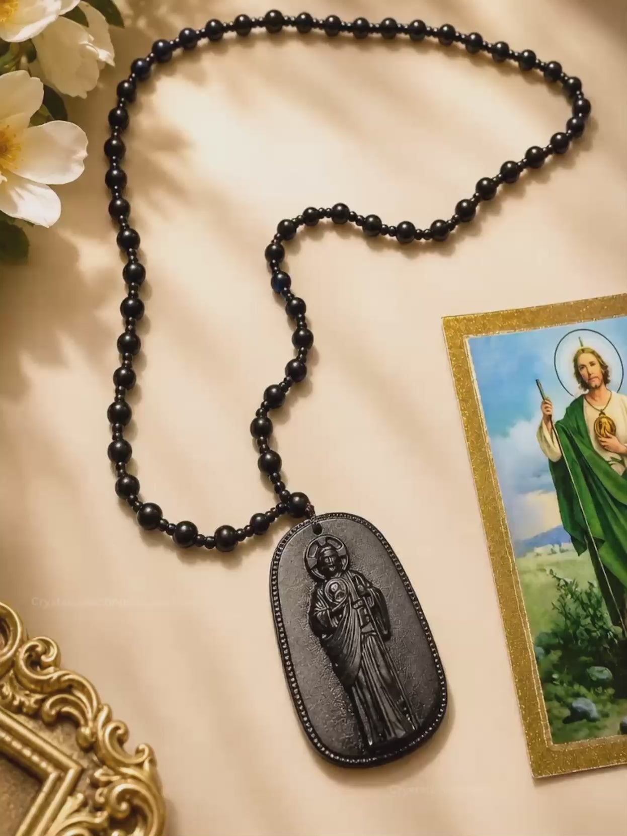 Handmade Black Obsidian San Judas Necklace | Catholic Saint Jude Pendant, Prayer Beads