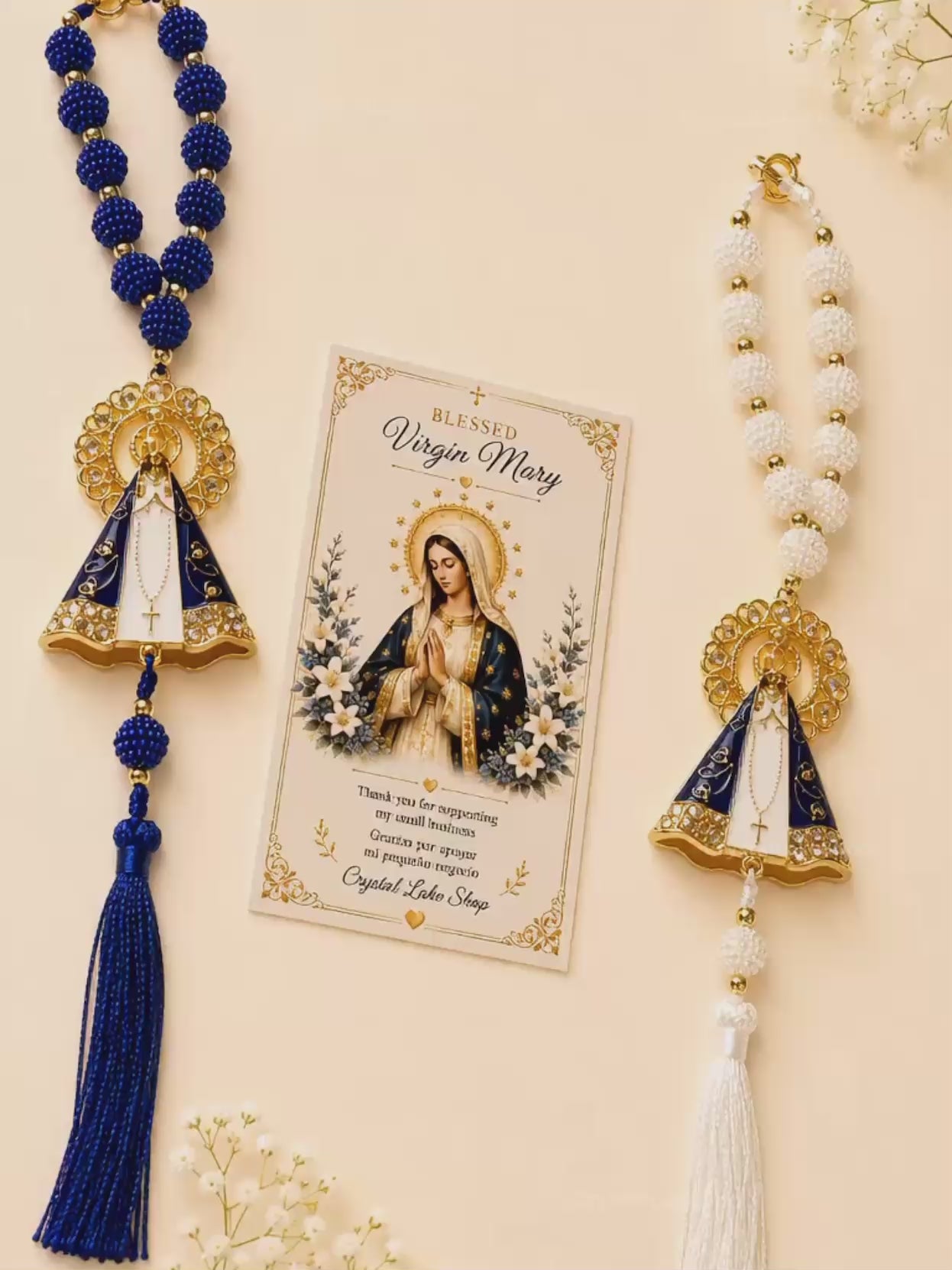 Virgin Mary Car Charm Set of 2, Marian Devotional Rearview Mirror Rosary, Catholic Gift
